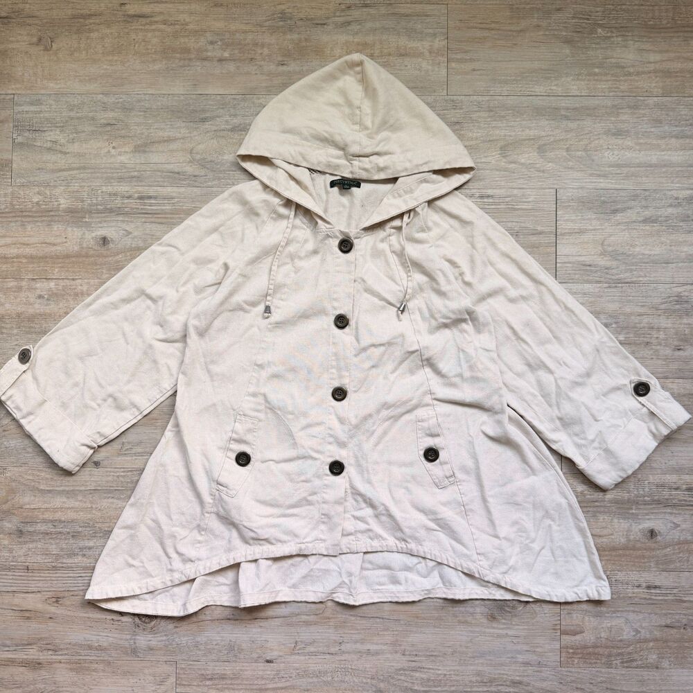 ForCynthia Linen Blend Hooded Jacket Size Large Boho Lagenlook Beige A-Line